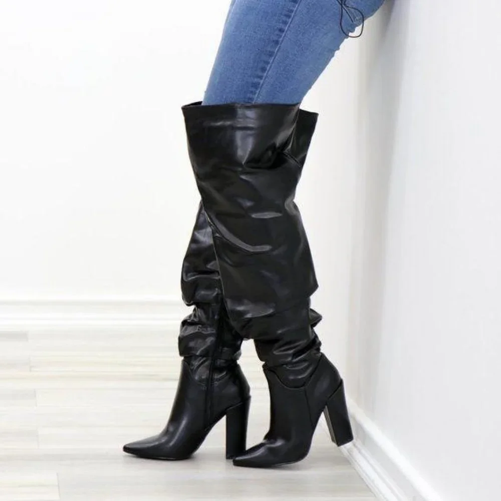 Black Synthetic Leather Thigh High Trendy Boots - Picture 2 of 15